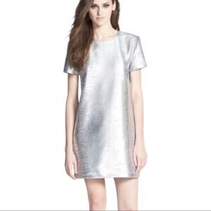 WAYF Dress Sz S Metallic T Shirt Silver Mini Textured Short Puff Sleeved Bold